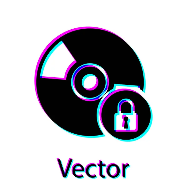 Disco de CD o DVD negro con icono de candado cerrado aislado sobre fondo blanco. Signo de disco compacto. Seguridad, seguridad, concepto de protección. Ilustración vectorial — Vector de stock