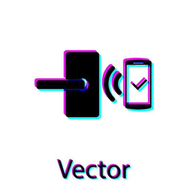 Bloqueio de porta digital preto com tecnologia sem fio para ícone de desbloqueio isolado no fundo branco. Sinal da maçaneta. Segurança inteligente casa de conceito. Ilustração vetorial — Vetor de Stock