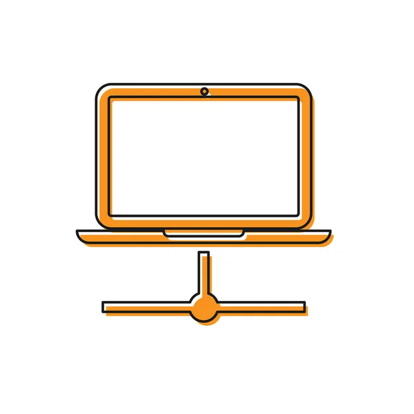 Orangefarbenes Computernetzwerk-Symbol auf weißem Hintergrund. Laptop-Netzwerk. Internetverbindung. Vektorillustration — Stockvektor