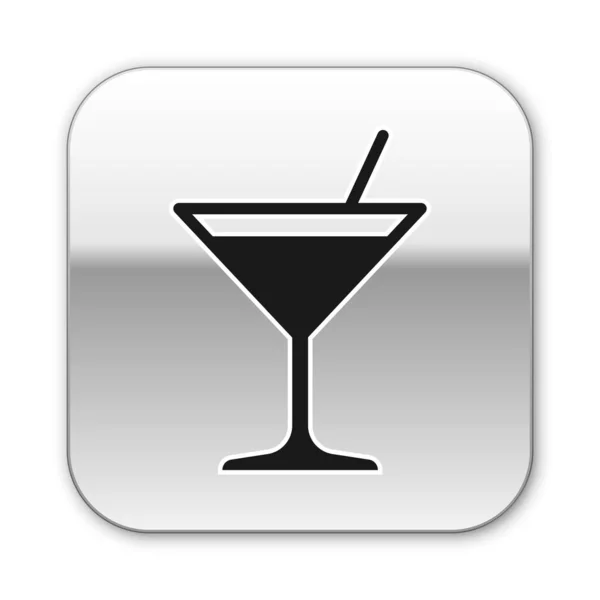 Icône en verre Martini noir isolé sur fond blanc. Icône de cocktail. icône de verre de vin. Bouton carré argenté. Illustration vectorielle — Image vectorielle
