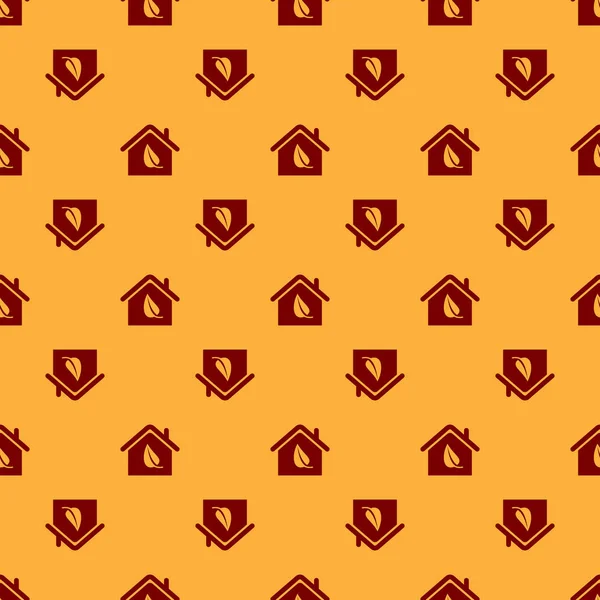 Rojo Eco amigable icono de la casa aislado patrón sin costura sobre fondo marrón. Eco casa con hoja. Ilustración vectorial — Archivo Imágenes Vectoriales
