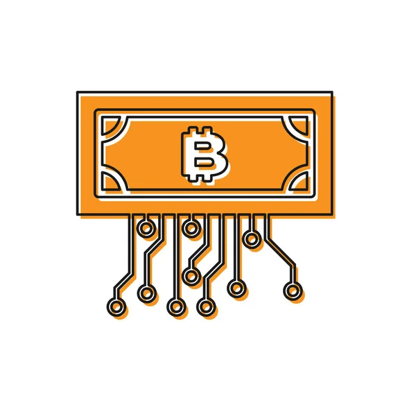 Pomarańczowa kryptowaluta koncepcja Bitcoin w kręgu z obwód mikrochip ikona na białym tle. Technologia Blockchain, cyfrowy rynek pieniężnego. Ilustracja wektorowa — Wektor stockowy