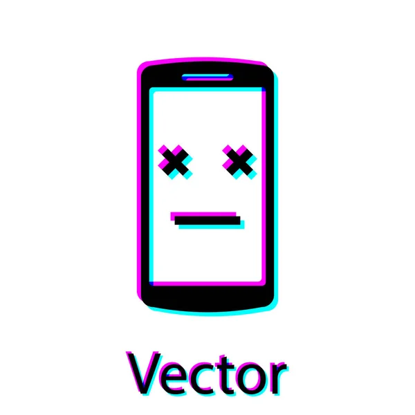 Icône de téléphone noir mort isolé sur fond blanc. Dispositif numérique décédé symbole emoji. Smartphone cadavre montrant l'émotion faciale. Illustration vectorielle — Image vectorielle