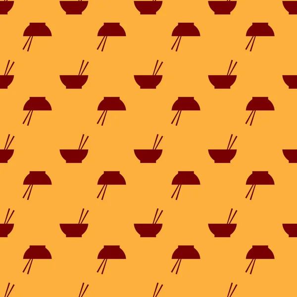 Ciotola rossa con cibo asiatico e un paio di bacchette icona silhouette isolato modello senza soluzione di continuità su sfondo marrone. Concetto di preparare, dieta orientale. Design piatto. Illustrazione vettoriale — Vettoriale Stock