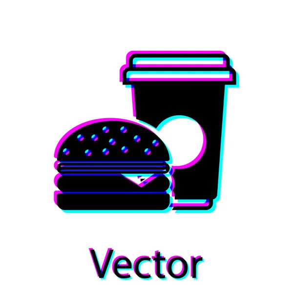 Black Coffee and burger icon isolated on white background. Fast food symbol. Vector Illustration — Stock Vector