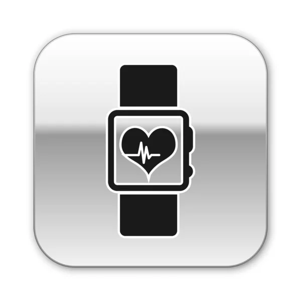 Reloj inteligente negro que muestra el icono de ritmo cardíaco aislado sobre fondo blanco. Concepto de aplicación Fitness. Botón cuadrado plateado. Ilustración vectorial — Vector de stock