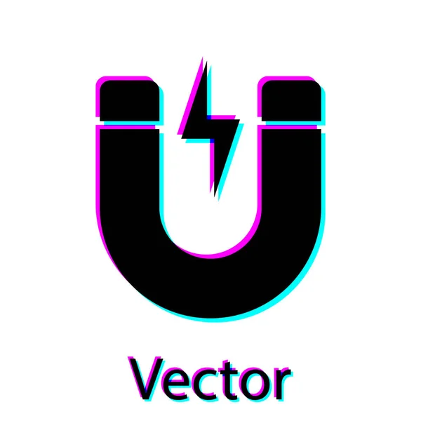 Schwarzer Magnet mit Blitzsymbol isoliert auf weißem Hintergrund. Hufeisenmagnet, Magnetismus, Magnetisieren, Attraktionszeichen. Vektorillustration — Stockvektor