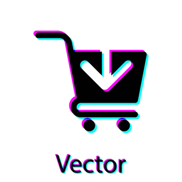 Preto Adicionar ao ícone do carrinho de compras isolado no fundo branco. Conceito de compra online. Sinal de serviço de entrega. Símbolo da cesta de supermercado. Ilustração vetorial — Vetor de Stock