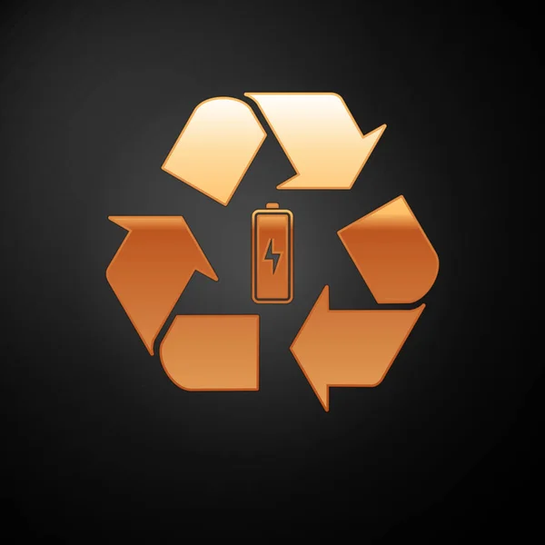 Gold Battery with recycle symbol line icon isolated on black background. Battery with recycling symbol - renewable energy concept. Vector Illustration — Stock Vector