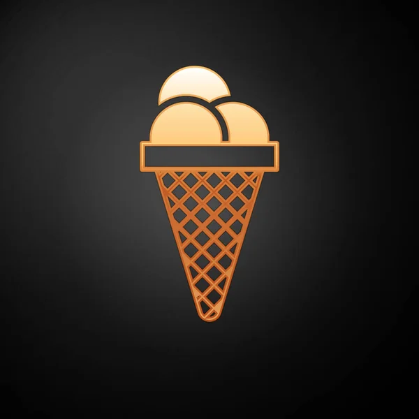 Helado de oro en icono de cono de gofre aislado sobre fondo negro. Dulce símbolo. Ilustración vectorial — Vector de stock