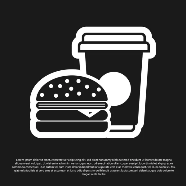 Ikon kopi dan burger hitam diisolasi dengan latar belakang hitam. Simbol makanan cepat saji. Ilustrasi Vektor - Stok Vektor