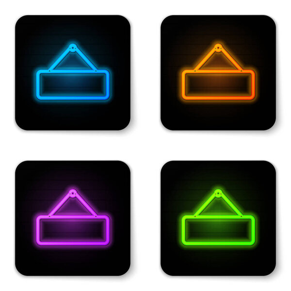 Glowing neon Signboard hanging icon isolated on white background. Suitable for advertisements bar, cafe, pub, restaurant. Black square button. Vector Illustration
