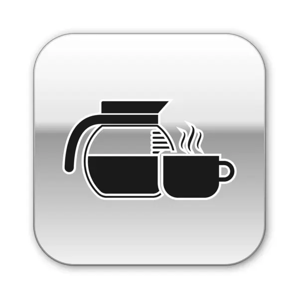 Black Coffee pot with cup icon isolated on white background. Silver square button. Vector Illustration — Stock Vector