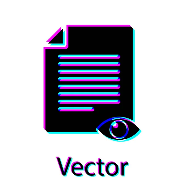 Schwarze Papierseite mit Augensymbol auf weißem Hintergrund. Zeichen der Informationsdatei öffnen. Vektorillustration — Stockvektor