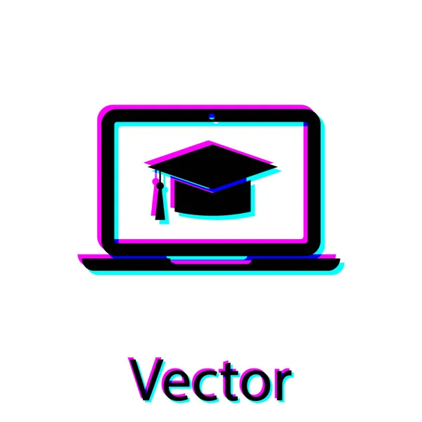 Capa de graduação preta no ícone do laptop de tela isolado no fundo branco. Aprendizagem online ou conceito de e-learning. Ilustração vetorial — Vetor de Stock