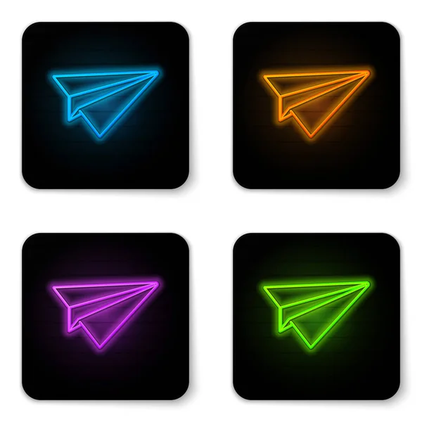 Glowing neon Paper plane icon isolated on white background. Paper airplane icon. Aircraft sign. Black square button. Vector Illustration — Stock Vector