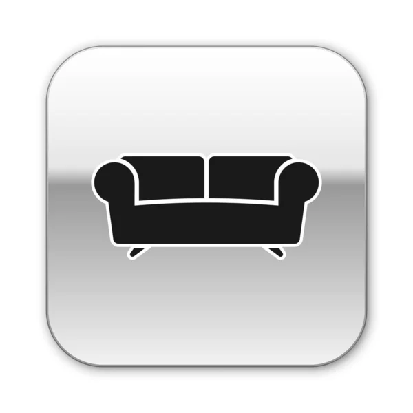 Schwarzes Sofa-Symbol auf weißem Hintergrund. Silberner quadratischer Knopf. Vektorillustration — Stockvektor