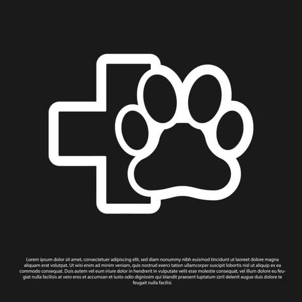 Black Veterinary clinic symbol icon isolated on black background. Cross hospital sign. A stylized paw print dog or cat. Pet First Aid sign. Vector Illustration — Stock Vector