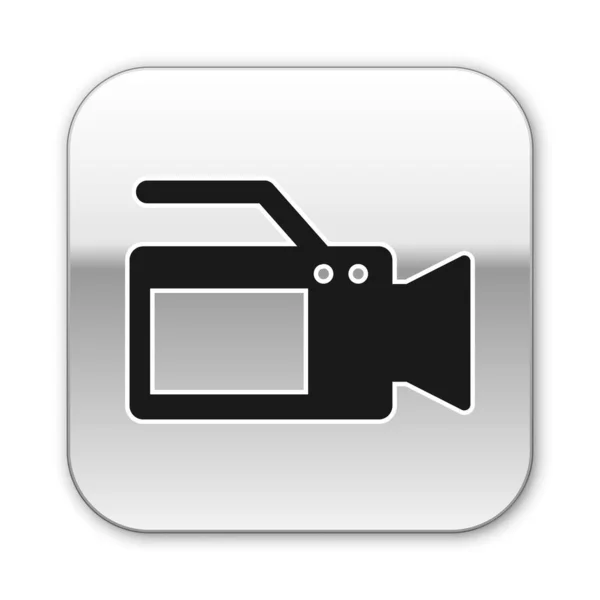 Black Cinema camera icon isolated on white background. Video camera. Movie sign. Film projector. Silver square button. Vector Illustration — Stock Vector
