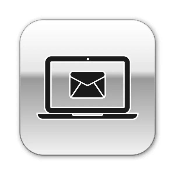 Laptop preto com envelope e e-mail aberto no ícone de tela isolado no fundo branco. E-mail marketing, conceitos de publicidade na internet. Botão quadrado de prata. Ilustração vetorial — Vetor de Stock
