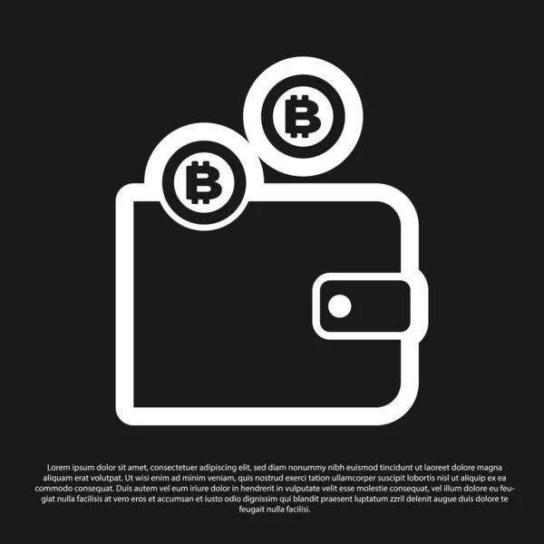Svart plånboks ikon med kryptovaluta isolerad på svart bakgrund. Plånbok och Bitcoin tecken. Gruv koncept. Pengar, betalning, kontanter, pay-ikonen. Vektor illustration — Stock vektor