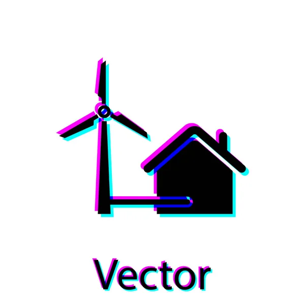Schwarzes Haus mit Windkraftanlage zur Stromerzeugung auf weißem Hintergrund. umweltfreundliches Haus. Umweltschutz. Vektorillustration — Stockvektor
