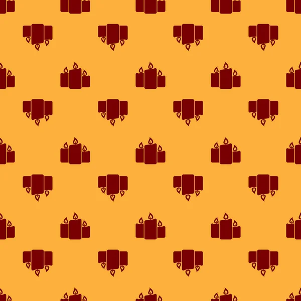 Kırmızı Yanan mumlar simgesi kahverengi arka plan üzerinde sorunsuz desen izole. Eski moda yanan mumlar. Silindirik aromatik mum yanan alevler ile sopalarla. Düz tasarım. Vektör İllüstrasyonu — Stok Vektör