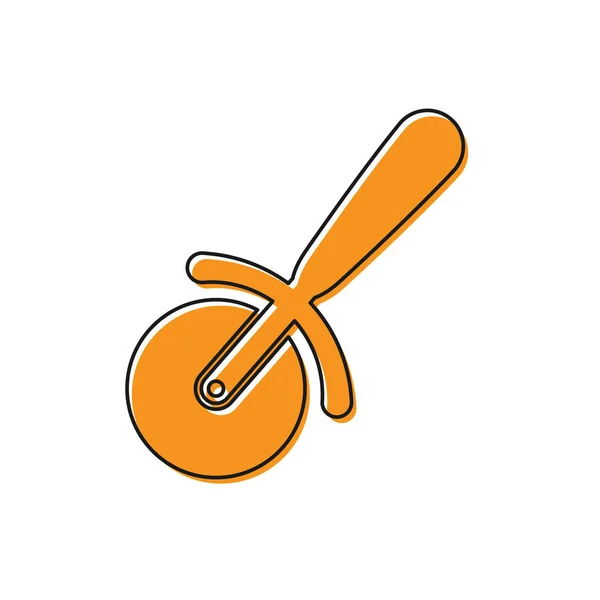 Ikone des orangen Pizzamessers isoliert auf weißem Hintergrund. Pizzabäcker vorhanden. Küchengeräte aus Stahl. Vektorillustration — Stockvektor