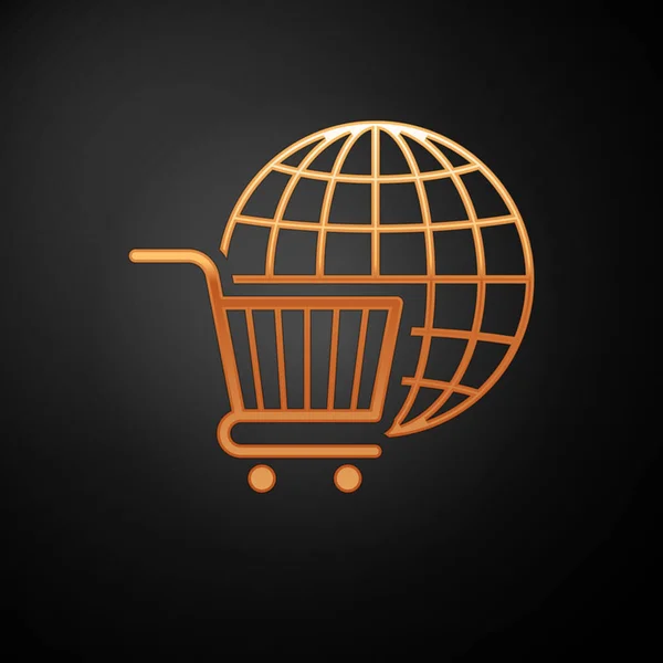 Carrello Oro con icona globo isolato su sfondo nero. Concetto di acquisto online. Concetto di mercato globale. Simbolo del cesto del supermercato. Illustrazione vettoriale — Vettoriale Stock