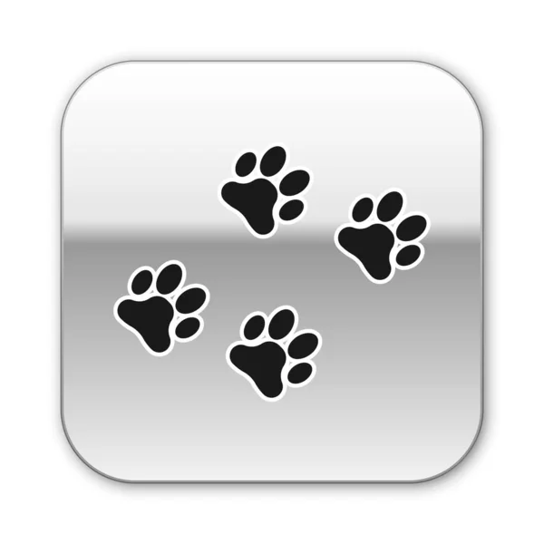 Ícone de impressão Black Paw isolado no fundo branco. Impressão de pata de cão ou gato. Pista animal. Botão quadrado de prata. Ilustração vetorial — Vetor de Stock