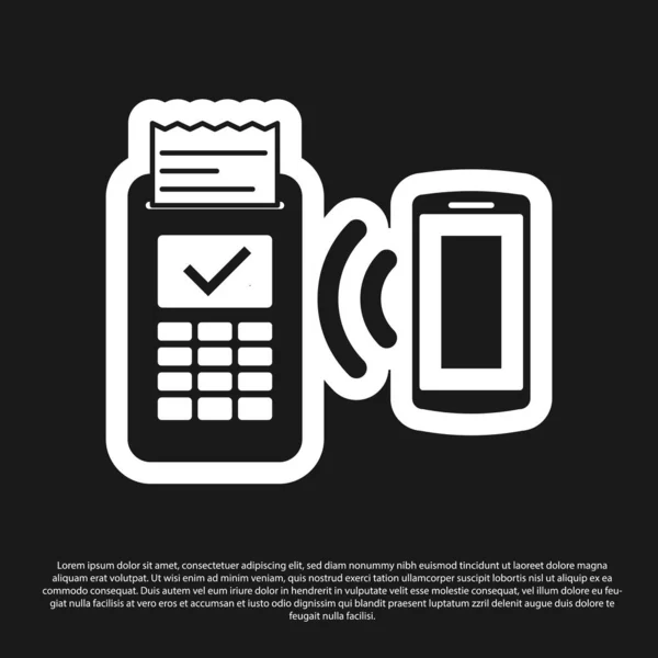 Terminal POS preto com reciept impresso e confirma o pagamento pelo ícone do smartphone isolado no fundo preto. Conceito de pagamento NFC. Ilustração vetorial —  Vetores de Stock