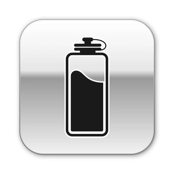 Láhev černého sportu s ikonou vody izolovaná na bílém pozadí. Stříbrné čtvercové tlačítko. Vektorová ilustrace — Stockový vektor