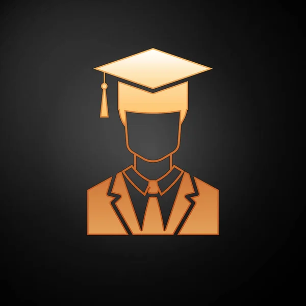 Gold Perfil de estudiante graduado masculino con vestido e icono de la gorra de graduación aislado sobre fondo negro. Ilustración vectorial — Vector de stock