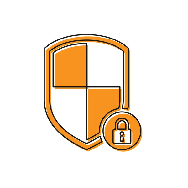 Segurança Orange Shield com ícone de bloqueio isolado no fundo branco. Proteção, segurança, segurança por senha. Firewall sinal de privacidade de acesso. Ilustração vetorial — Vetor de Stock