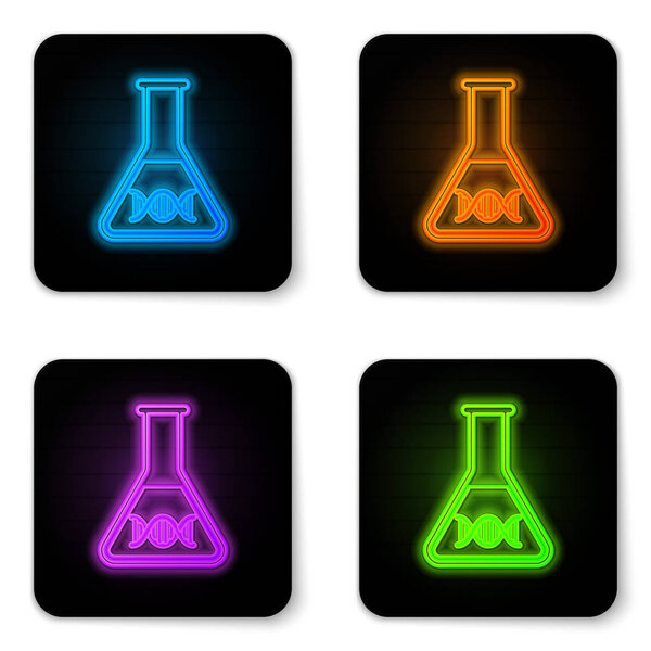 Glowing neon DNA research, search icon isolated on white background. Genetic engineering, genetics testing, cloning, paternity testing. Black square button. Vector Illustration