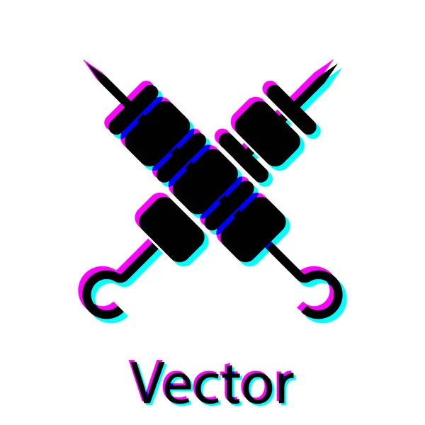 Schwarzer gekreuzter gegrillter Schaschlik auf Spießen klebt isoliert auf weißem Hintergrund. Fleischspieße kleben an Spießen. Picknick mit Grillfleisch. Vektorillustration — Stockvektor