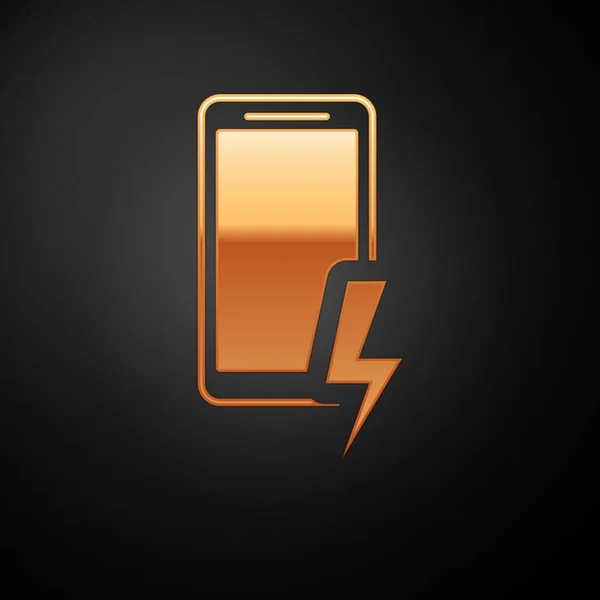Gouden smartphone opladen batterijpictogram geïsoleerd op zwarte achtergrond. Telefoon met een lage batterijlading. Vector illustratie — Stockvector