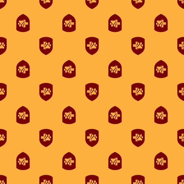 Red Animal icono del seguro de salud patrón inconsútil aislado sobre fondo marrón. Icono de protección para mascotas. Huella de pata de perro o gato. Ilustración vectorial — Archivo Imágenes Vectoriales