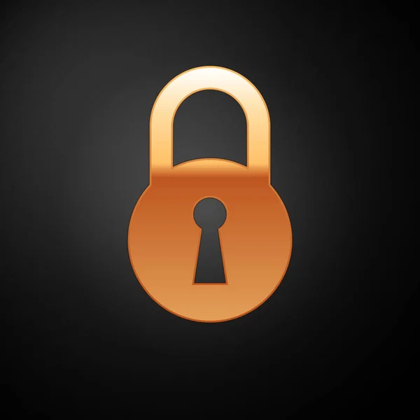 Icono de Gold Lock aislado sobre fondo negro. Señal de candado. Seguridad, seguridad, protección, concepto de privacidad. Ilustración vectorial — Vector de stock