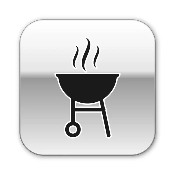 Icono de parrilla Black Barbecue aislado sobre fondo blanco. Fiesta a la parrilla. Botón cuadrado plateado. Ilustración vectorial — Vector de stock