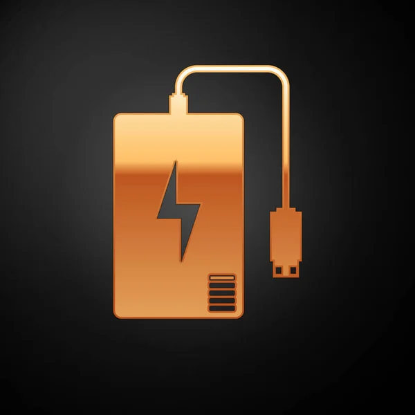 Banque d'alimentation en or avec différentes icônes de câble de charge isolées sur fond noir. Appareil de charge portable. Illustration vectorielle — Image vectorielle