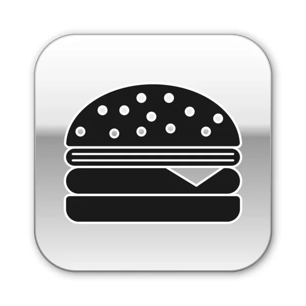 Black Burger icon isolated on white background. Hamburger icon. Cheeseburger sandwich sign. Silver square button. Vector Illustration — Stock Vector