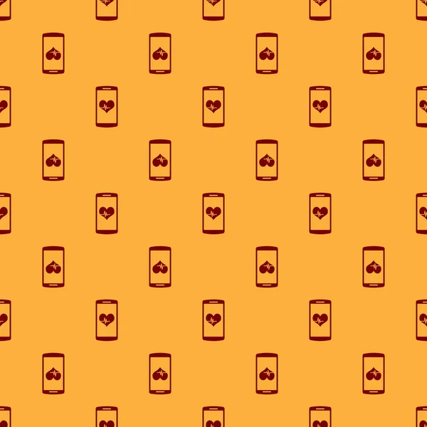 Smartphone rouge avec icône de fonction cardiofréquencemètre isolé motif sans couture sur fond brun. Design plat. Illustration vectorielle — Image vectorielle