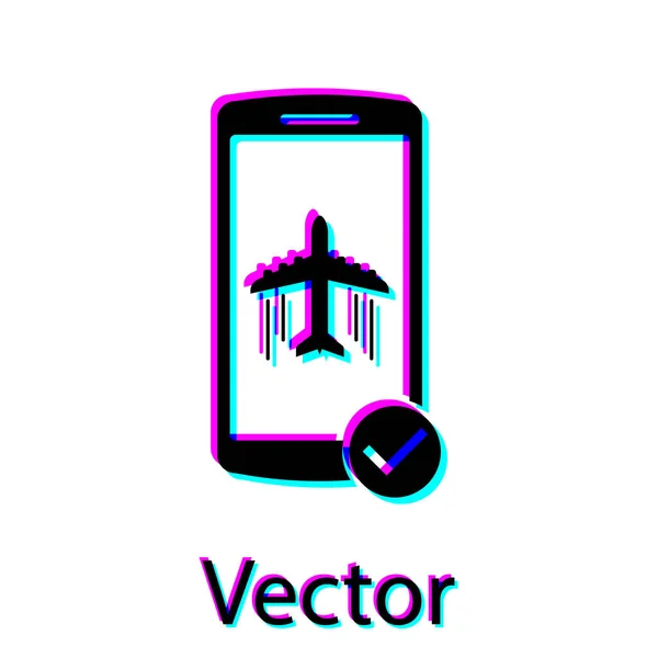 Modo de voo preto no ícone do telefone móvel isolado no fundo branco. Avião ou avião voo off-line modo de regulação de passageiros companhia aérea. Ilustração vetorial — Vetor de Stock