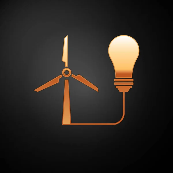 Lâmpada de ouro com turbina eólica como ideia de eco amigável fonte de ícone de energia isolado no fundo preto. Conceito de energia alternativa. Ilustração vetorial — Vetor de Stock