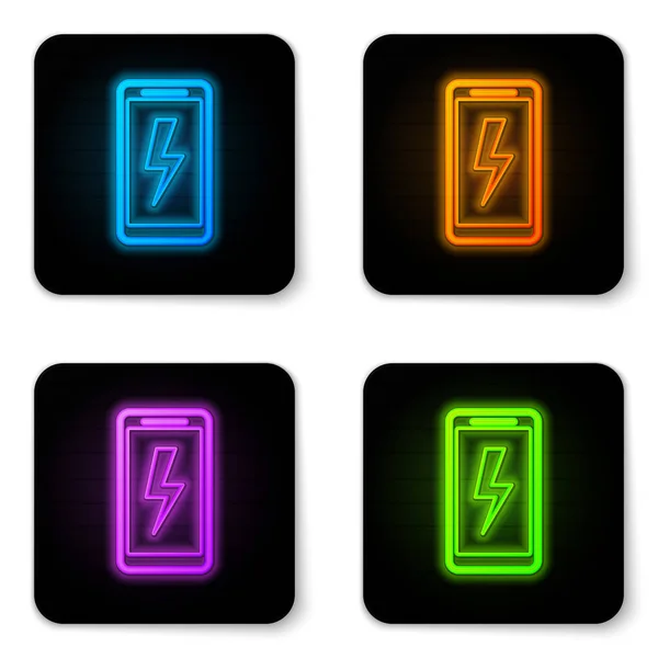 Świecący Neon smartphone ładowania ikona baterii na białym tle. Telefon z niskim naładowaniu baterii. Czarny kwadrat przycisk. Ilustracja wektorowa — Wektor stockowy