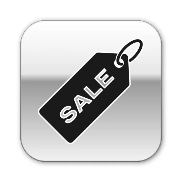 Black Price tag met een inscriptie Sale icoon geïsoleerd op witte achtergrond. Badge voor de prijs. Promo tag korting. Zilveren vierkante knop. Vector Illustratie — Stockvector