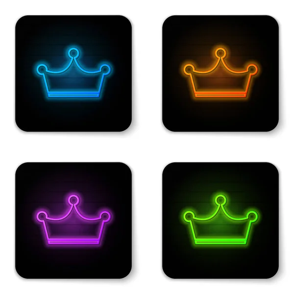 Izzó neon Crown ikon elszigetelt fehér háttér. Fekete négyzet gombot. Vektoros illusztráció — Stock Vector