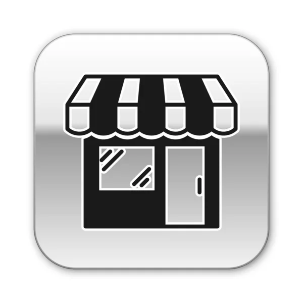 Edifício de compras preto ou ícone de loja de mercado isolado no fundo branco. Construção de loja. Botão quadrado de prata. Ilustração vetorial — Vetor de Stock