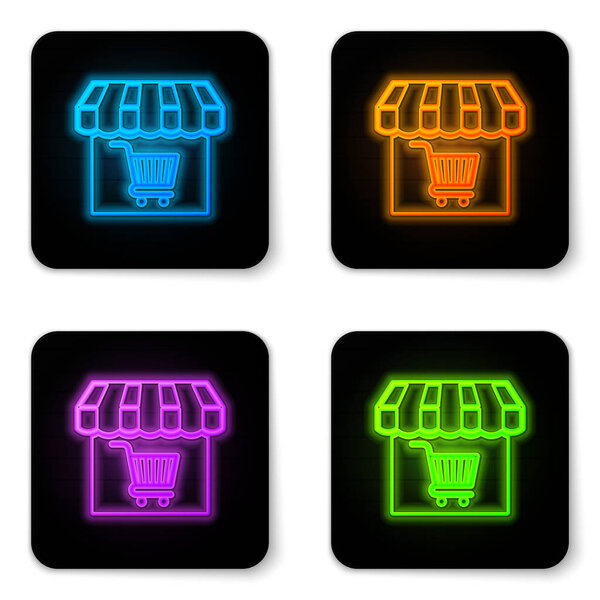 Светящийся неоновый торговый дом или рыночный магазин с изображением корзины, выделенной на белом фоне. Строительство магазина. Символ супермаркета. Черная квадратная кнопка. Векторная миграция
